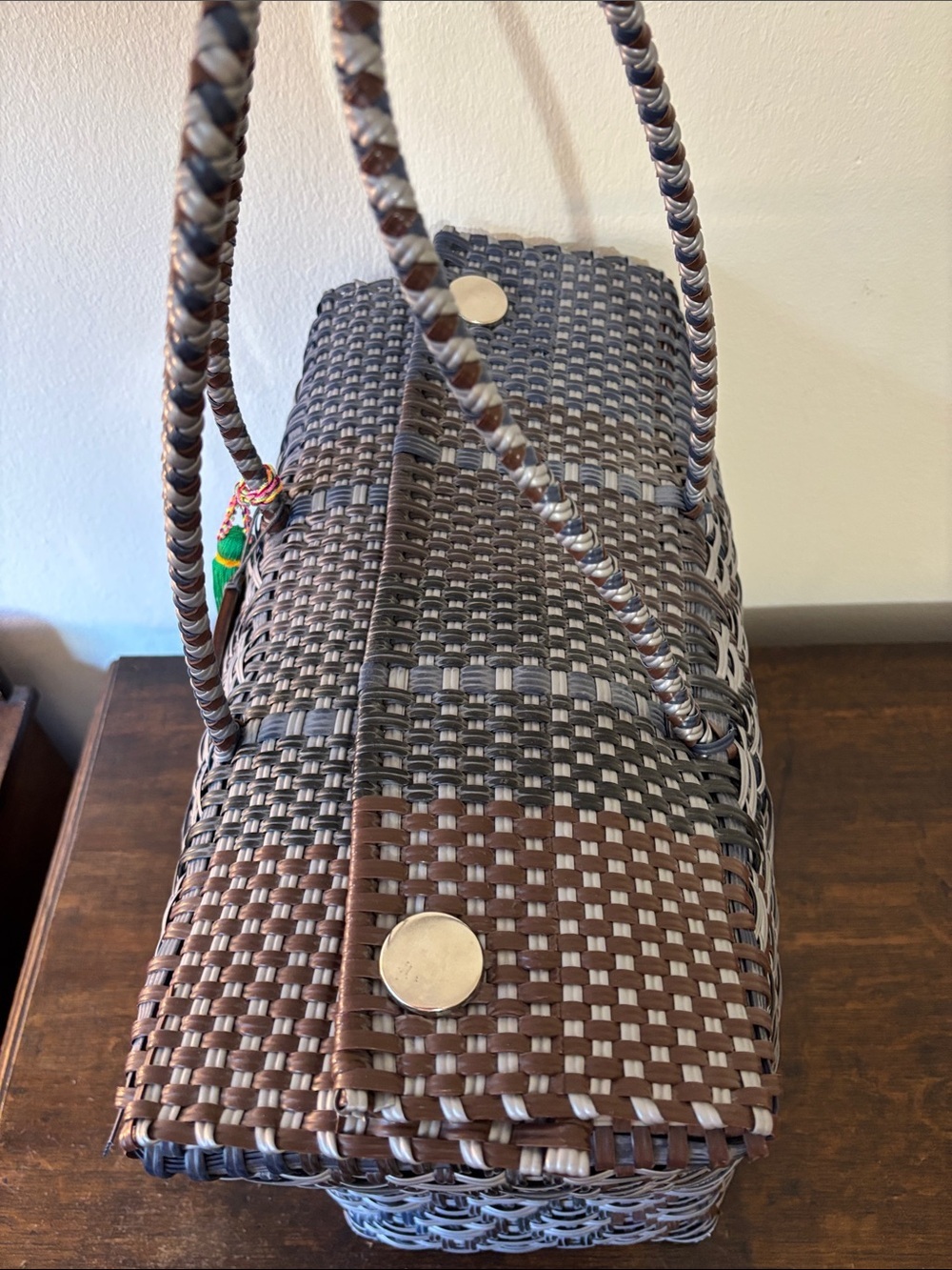 Handwoven Gray and Brown Tote with Green Tassel Charm - Picture 4 of 8